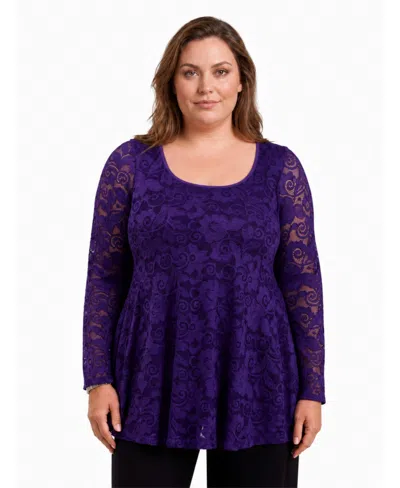 24seven Comfort Apparel Plus Size Long-sleeve Lace Scoop Neck Tunic In Purple
