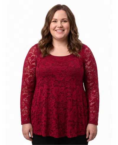 24seven Comfort Apparel Plus Size Long-sleeve Lace Scoop Neck Tunic In Red