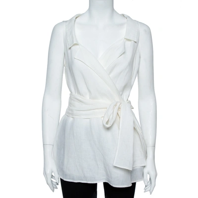 Pre-owned Max Mara Off-white Pure Linen Belted Wrap Blouse M