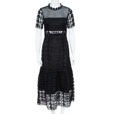 Pre-owned Self-portrait Black Floral Lattice Lace Midi Dress M