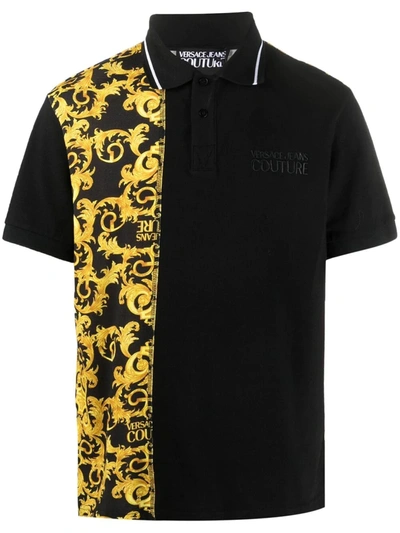 Versace Jeans Couture Cotton Polo Shirt With Contrasting Baroque Print In Black