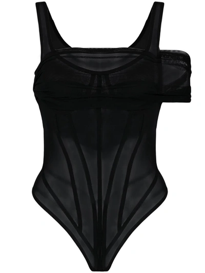 David Koma Women's Asymmetric Draped Mesh Bodysuit In Black,neutral