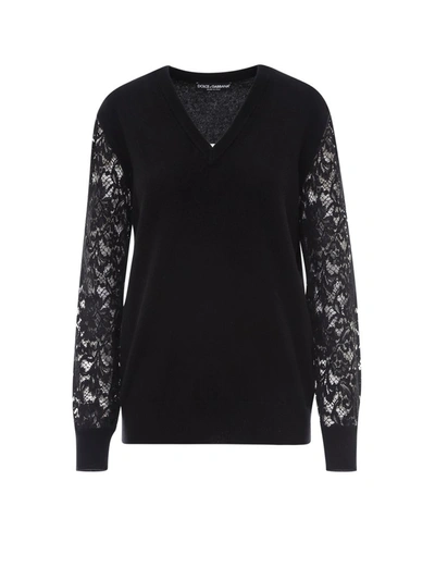 Dolce & Gabbana Lace-sleeves Wool Sweater In Black