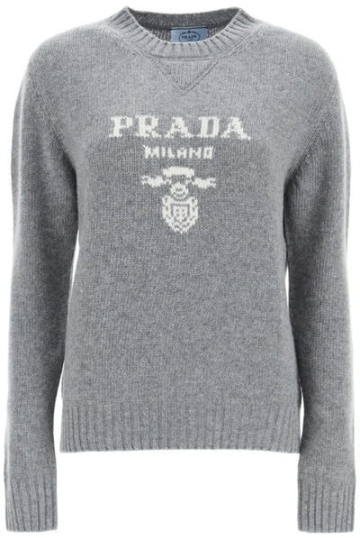 Prada Logo Round-neck Pullover In Grey