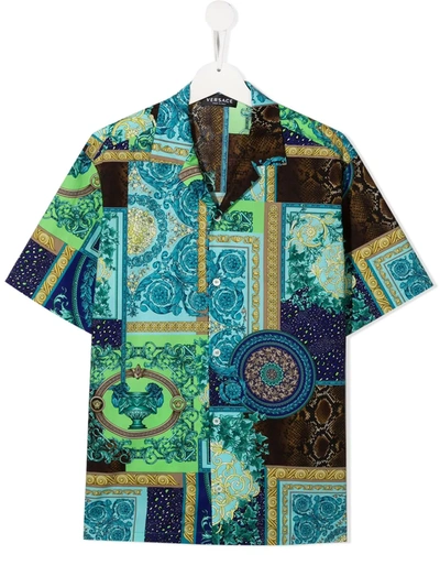 Young Versace Kids' Barocco Patchwork Print Short-sleeve Shirt In Blu