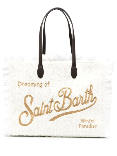 Mc2 Saint Barth White Tricot Wool Bag With Embroidered Golden Logo In Nude
