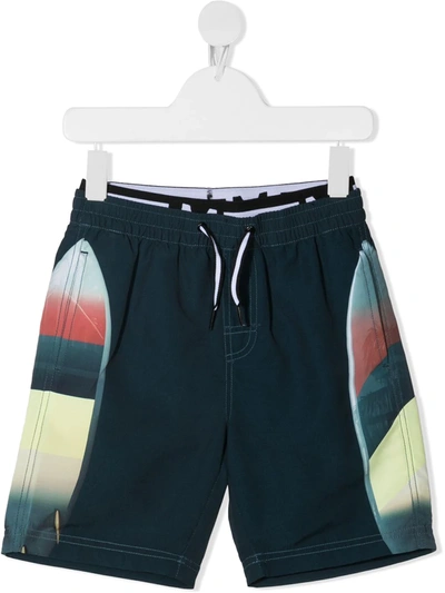Molo Kids' Boy's Neal Surf Board Printed Swim Shorts In Blue