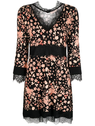 Twinset Twin Set Dress V Lace Insert With Floral Print In Black