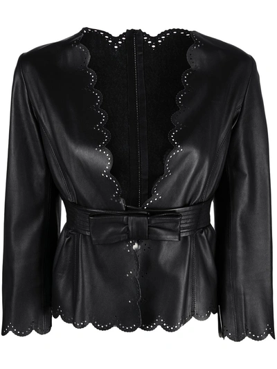 Pre-owned Valentino Scalloped Belted Leather Jacket In Black