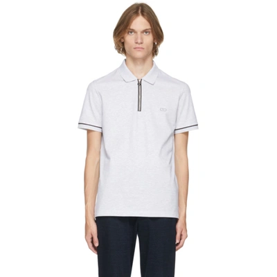 Ferragamo Logo-embroidered Zip-neck Polo Shirt In White-grey