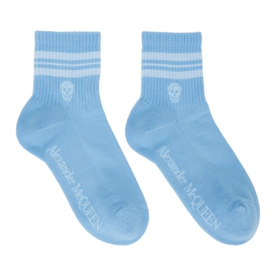 Alexander Mcqueen Blue & White Stripe Skull Sport Short Socks In Bluette/ White