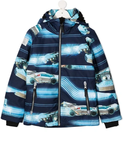 Molo Kids' Car Print Hooded Jacket In Blue