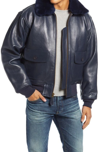 Schott G-1 Leather Bomber Jacket With Genuine Shearling Trim In Navy