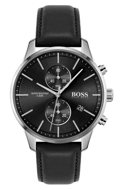 Hugo Boss Associate Chronograph Leather Strap Watch, 43mm In Black/ Silver