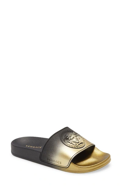 Versace Medusa Slide Sandal In Black/ Gold