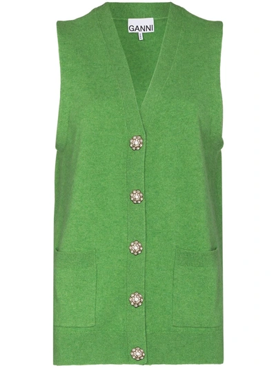 Ganni Crystal Flower Button Cashmere Gilet In Green