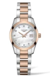 Longines Women's Swiss Conquest Classic Diamond (1/20 Ct. T.w.) Two-tone Stainless Steel Bracelet Watch 34mm In Silver And Rose Gold