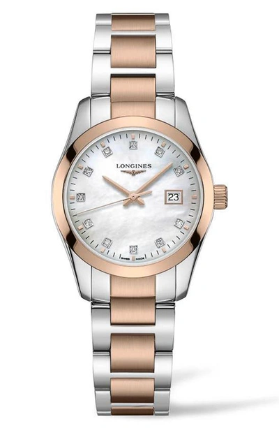 Longines Women's Swiss Conquest Classic Diamond (1/20 Ct. T.w.) Two-tone Stainless Steel Bracelet Watch 34mm In Silver And Rose Gold