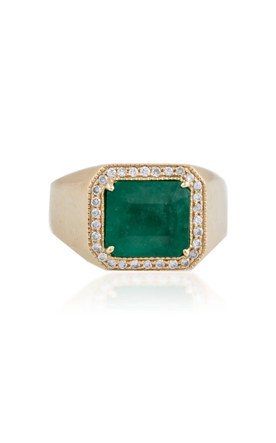 Jacquie Aiche 14k Yellow Gold Square Emerald Diamond Signet Ring