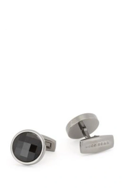 Hugo Boss - Round Cufflinks With Multi Faceted Glass Insert - Black