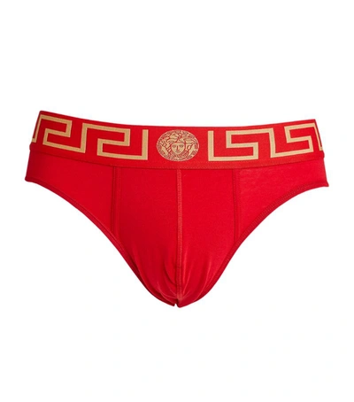 Versace Iconic Slim-fit Stretch-cotton Briefs In Red-gold