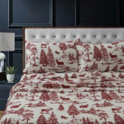 Tribeca Living Mountain Toile Heavyweight Cotton Flannel Printed Extra Deep Pocket Queen Sheet Set Bedding In Deep Red