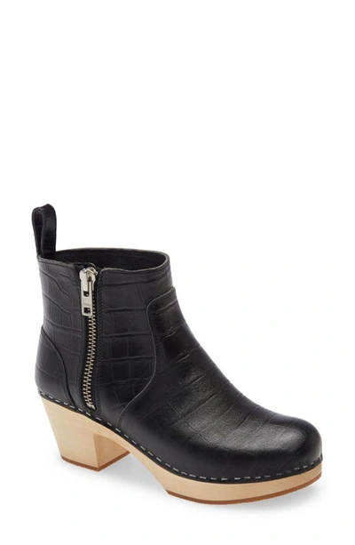 Swedish Hasbeens Zip It Emy Clog Bootie In Black Croco