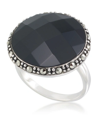 Macy's Faceted Onyx (18 X 5mm) & Marcasite Ring In Sterling Silver