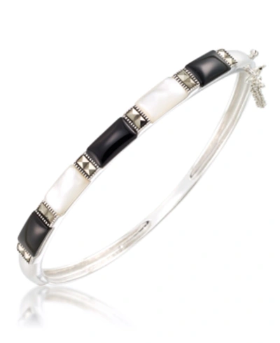 Macy's Marcasite And Onyx And Mother Of Pearl Bangle In Sterling Silver In Black-white