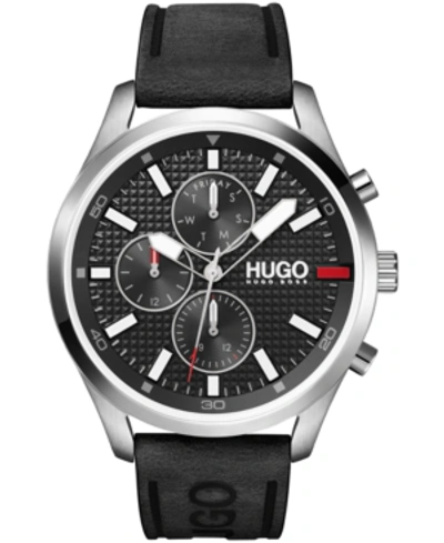 Hugo Men's #chase Black Leather Strap Watch 46mm Women's Shoes In Silver