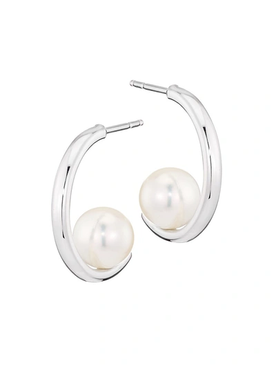 Mikimoto 7.5mm White Round Akoya Pearl 18k White Gold Huggie Hoop Earrings
