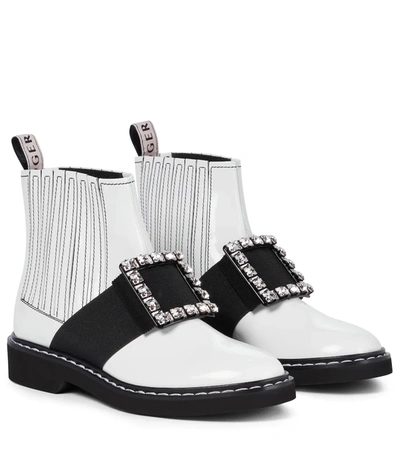 Roger Vivier Leather Embellished Viv Rangers Chelsea Boots 25 In White