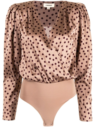 L Agence Brenda Wrap-effect Polka-dot Silk-blend Satin And Stretch-jersey Bodysuit In Beige/chocolate Dotted