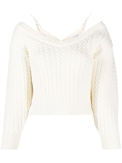Alexander Wang T Satin Camisole Bi-layer Cable Knit Sweater In White
