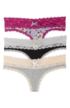 Honeydew Intimates Ahna 3-pack Lace Thong In Black/ Silver Floral