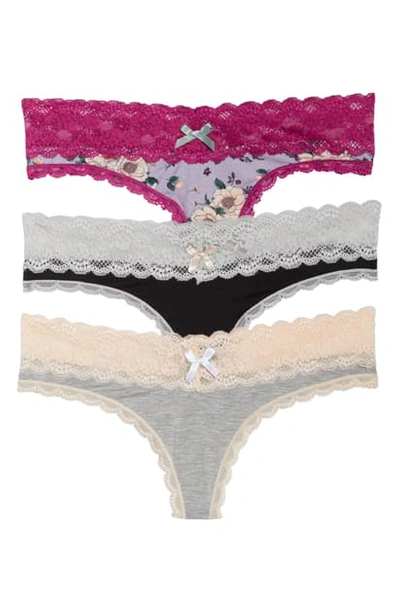 Honeydew Intimates Ahna 3-pack Lace Thong In Black/ Silver Floral