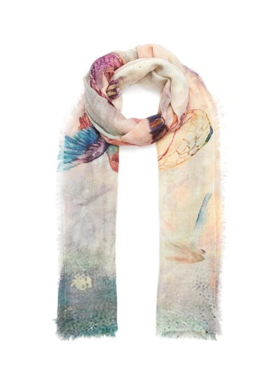 Ama Pure 'libellula Rose' Print Fringe Cashmere Scarf In Multi-colour