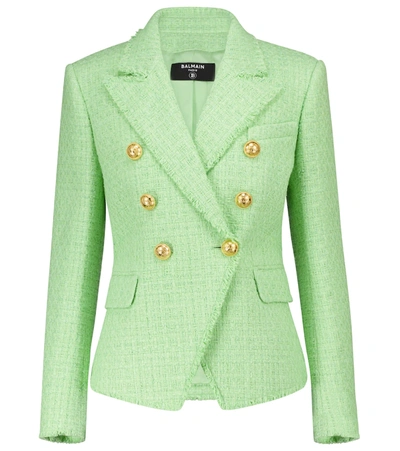 Balmain Buttoned Cotton Blend Fitted Jacket In Light Green