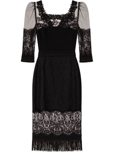 Dolce & Gabbana Cady And Brocade Midi Dress With Lace Inserts In Black