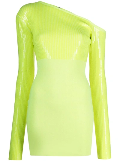 David Koma Sequin Asymmetric Shoulder Knit Mini Dress In Neon Yellow