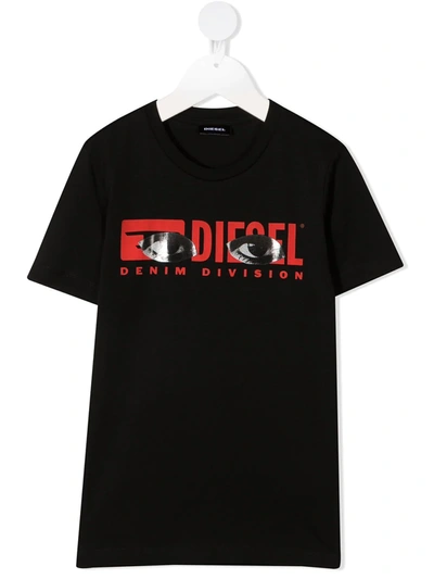 Diesel Kids' Eyes Logo-print Crew Neck T-shirt In Black