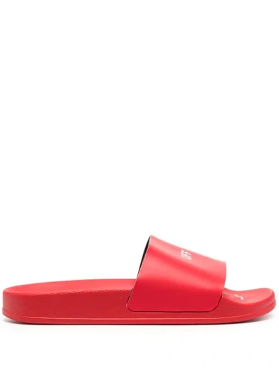 Off-white Logo Flat Pool Slider Sandals In Red/ White