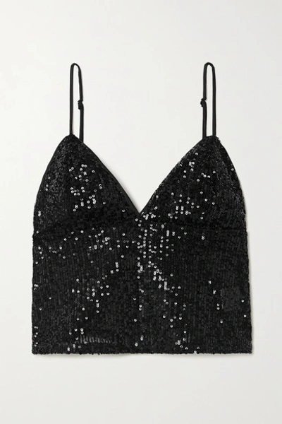 Rotate Birger Christensen Cyndy Cropped Sequined Tulle Camisole In Black