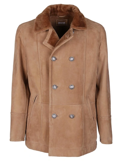 Brunello Cucinelli Double Breasted Leather Coat In Brown