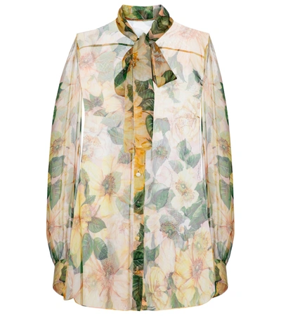 Dolce & Gabbana Chiffon Shirt With Camelie Print In Yellow/beige/green