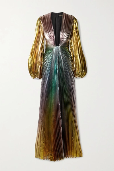 Reem Acra Pleated Silk-blend Lamé Gown In Metallic