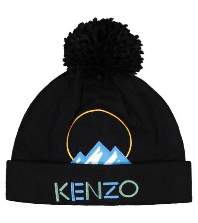 Kenzo Kids' Logo Cotton And Wool-blend Beanie In Black