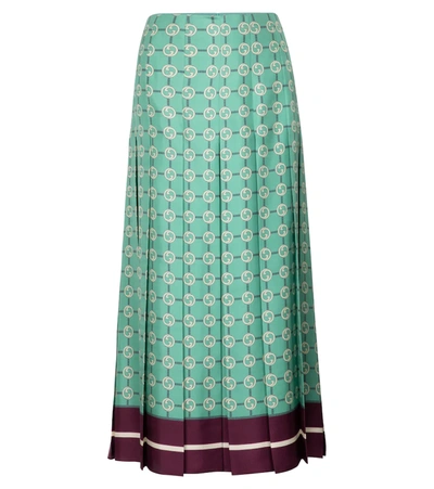 Gucci Gg Printed Silk Twill Midi Skirt In Green