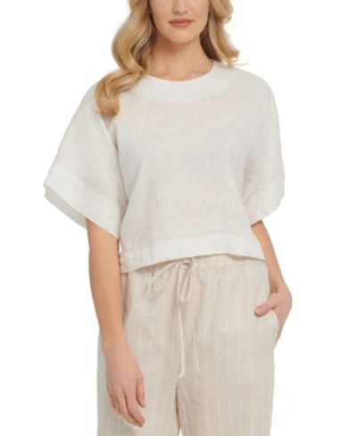Dkny Dropped-shoulder Linen Crop Top In Ivory
