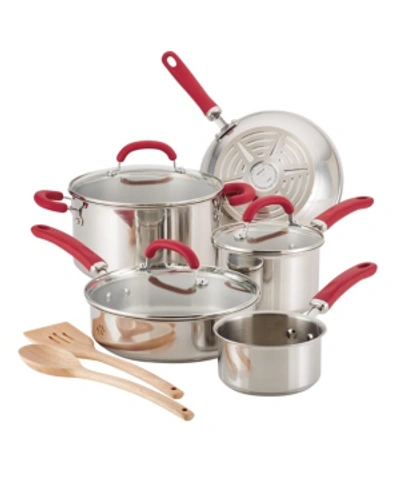 Rachael Ray Create Delicious Stainless Steel 10-pc. Cookware Set In Stainless Steel With Red Handles